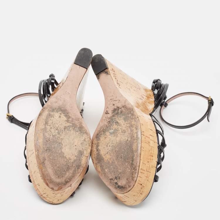Pre Owned Gucci Black Patent Studded Cork Wedge Sandals Size 40