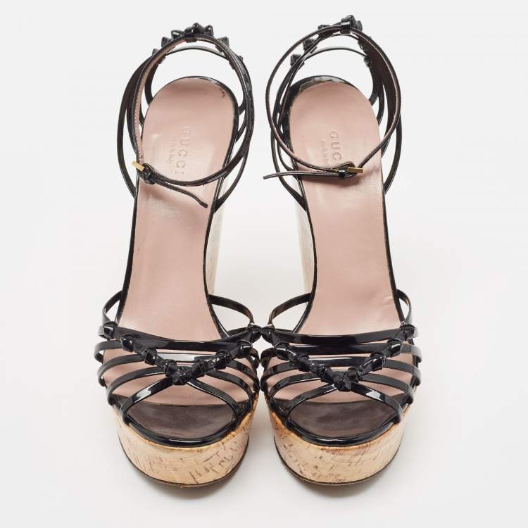 Pre Owned Gucci Black Patent Studded Cork Wedge Sandals Size 40