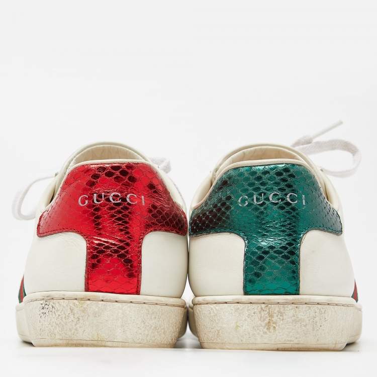 Pre Owned Gucci White Leather Web Detail Bee Embroidered Ace Low Top Sneakers Size 38