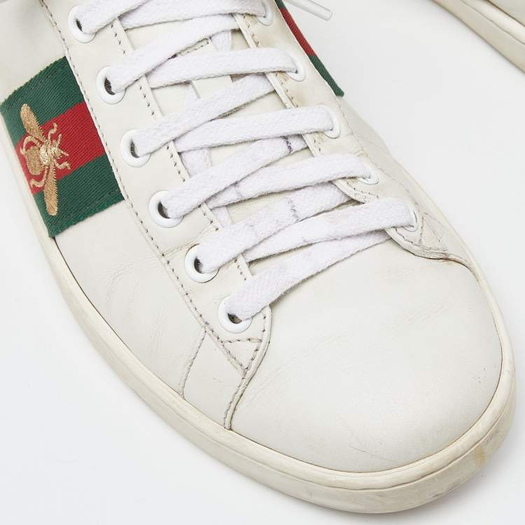 Pre Owned Gucci White Leather Web Detail Bee Embroidered Ace Low Top Sneakers Size 38
