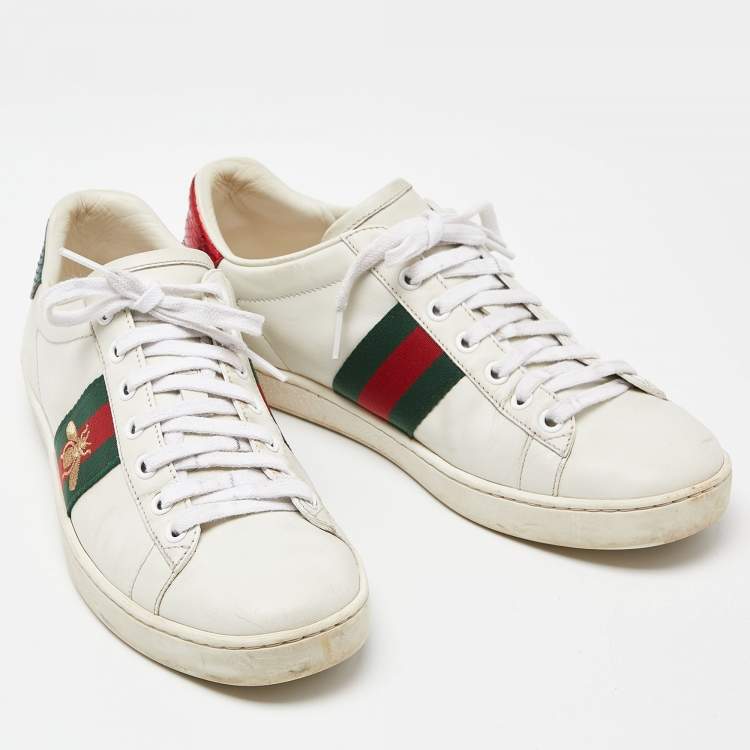 Pre Owned Gucci White Leather Web Detail Bee Embroidered Ace Low Top Sneakers Size 38