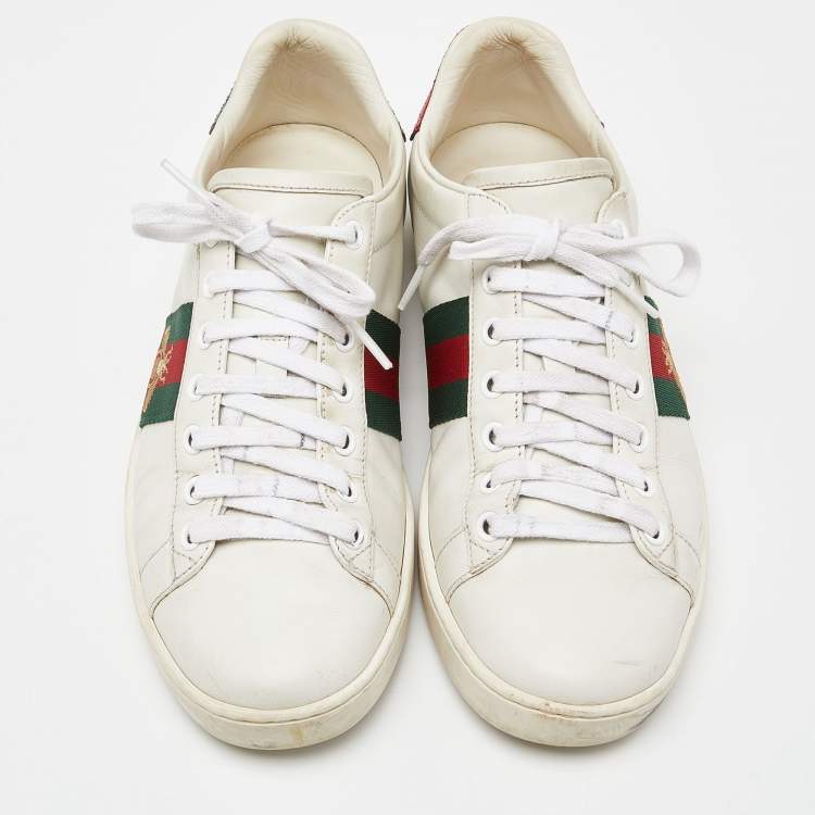 Pre Owned Gucci White Leather Web Detail Bee Embroidered Ace Low Top Sneakers Size 38
