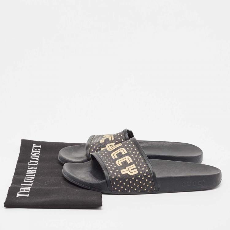 Pre Owned Gucci Black Leather and Canvas Guccy Flat Slides Size 40 