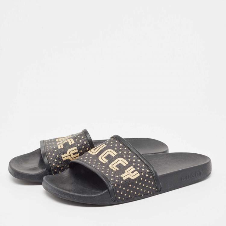 Pre Owned Gucci Black Leather and Canvas Guccy Flat Slides Size 40 