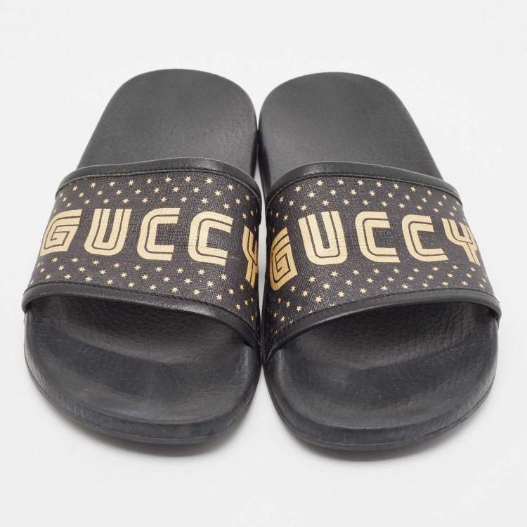 Pre Owned Gucci Black Leather and Canvas Guccy Flat Slides Size 40 