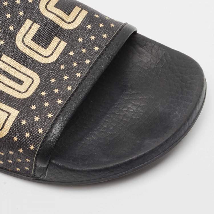 Pre Owned Gucci Black Leather and Canvas Guccy Flat Slides Size 40 
