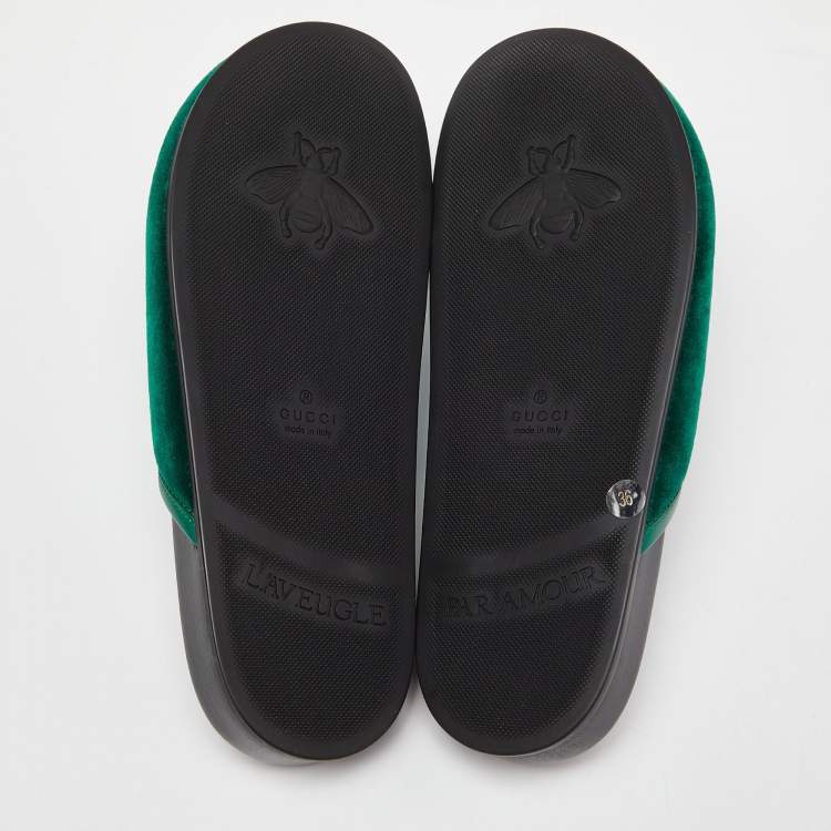 Pre Owned Gucci Green Velvet Horsebit Flat Mules Size 36