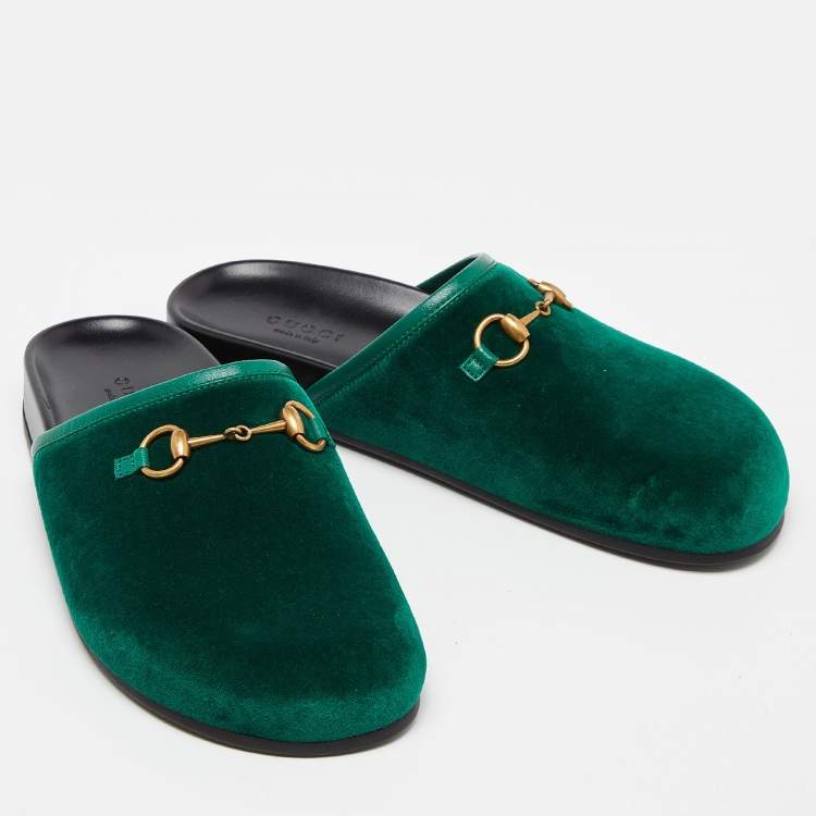 Pre Owned Gucci Green Velvet Horsebit Flat Mules Size 36