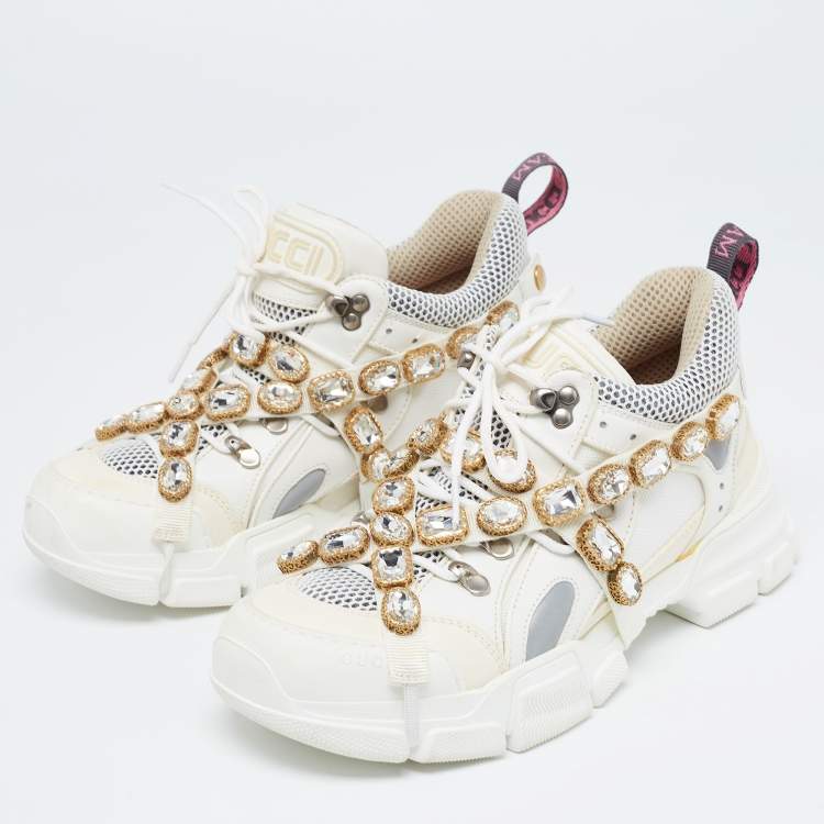 Pre Owned Gucci White/Grey Mesh and Leather Crystal Embellished Flashtrek Sneakers Size 40