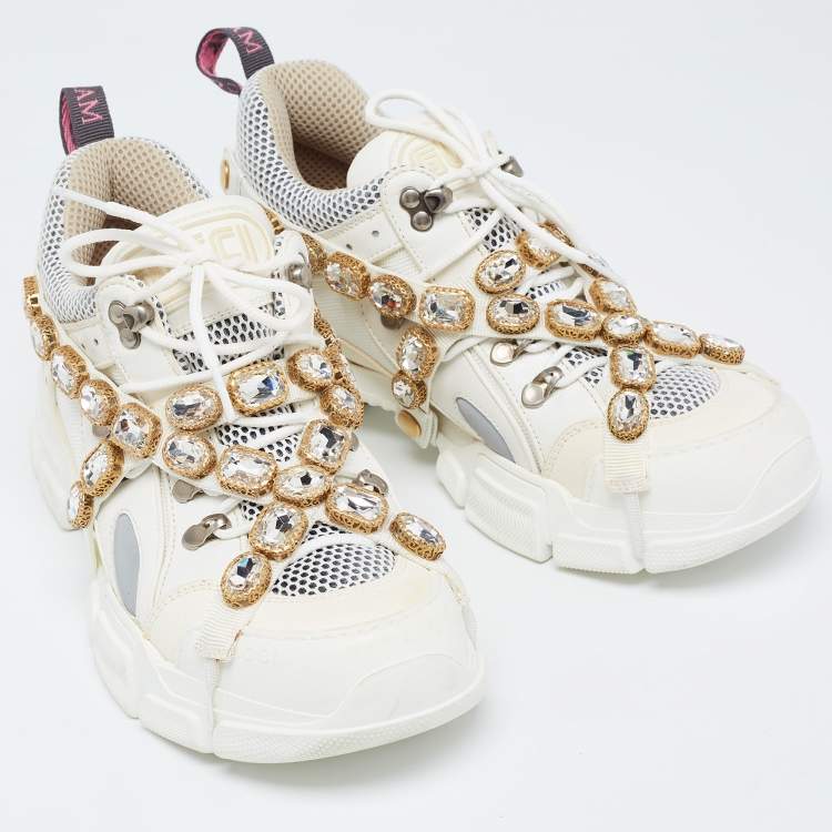 Pre Owned Gucci White/Grey Mesh and Leather Crystal Embellished Flashtrek Sneakers Size 40
