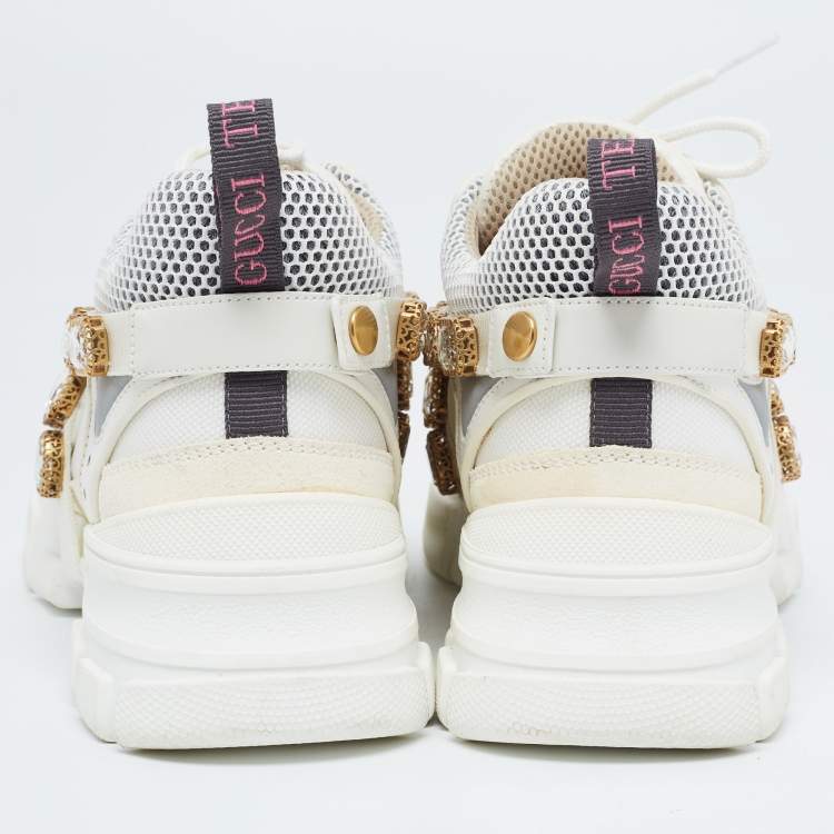 Pre Owned Gucci White/Grey Mesh and Leather Crystal Embellished Flashtrek Sneakers Size 40