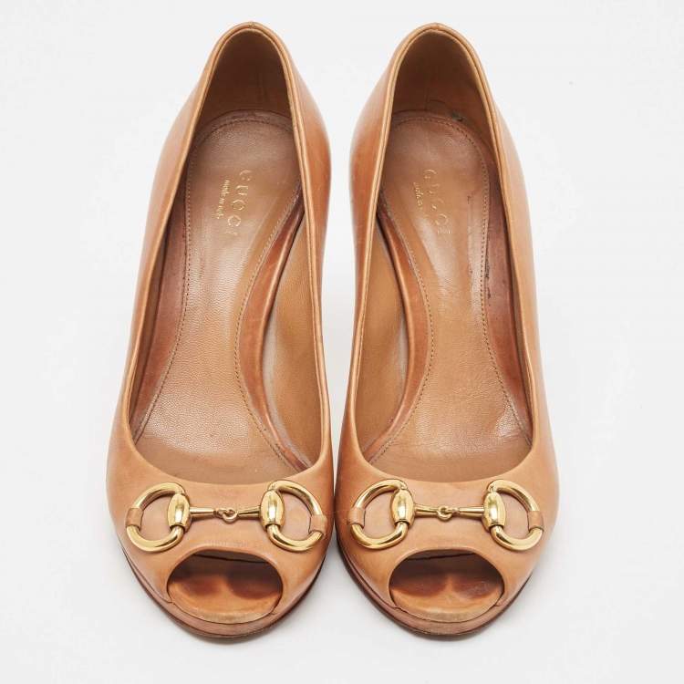Pre Owned Gucci Brown Leather Jolene  Open Toe Pumps Size 38