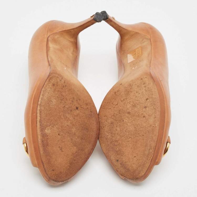 Pre Owned Gucci Brown Leather Jolene  Open Toe Pumps Size 38