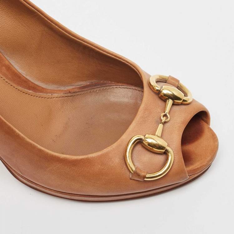 Pre Owned Gucci Brown Leather Jolene  Open Toe Pumps Size 38