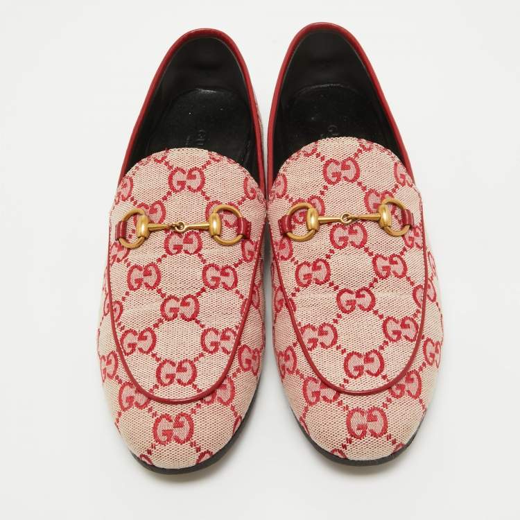 Pre Owned Gucci Pink/Red GG Canvas Jordaan Horsebit Loafers Size 37.5