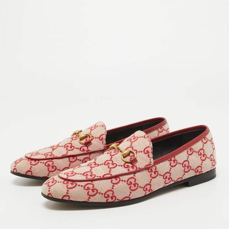 Pre Owned Gucci Pink/Red GG Canvas Jordaan Horsebit Loafers Size 37.5