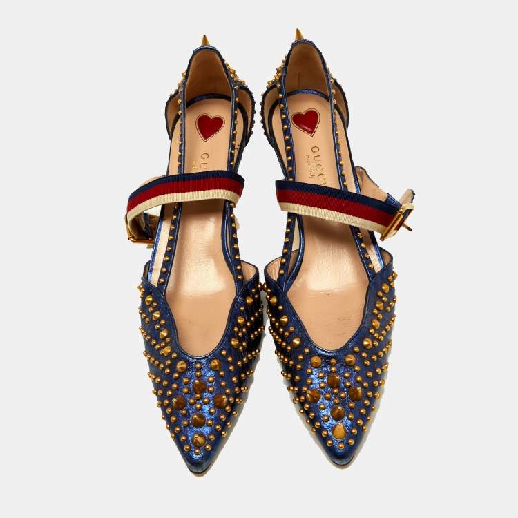 Pre Owned Gucci Metallic Blue Leather Unia Studded Pointed Toe Pumps Size 38