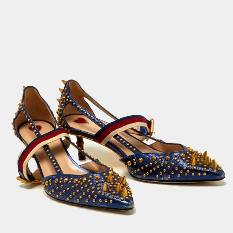 Pre Owned Gucci Metallic Blue Leather Unia Studded Pointed Toe Pumps Size 38