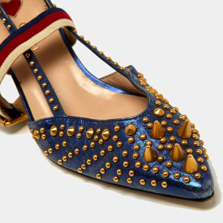 Pre Owned Gucci Metallic Blue Leather Unia Studded Pointed Toe Pumps Size 38