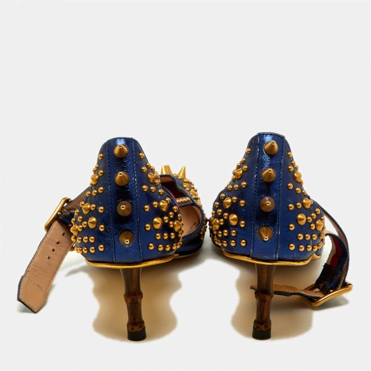 Pre Owned Gucci Metallic Blue Leather Unia Studded Pointed Toe Pumps Size 38