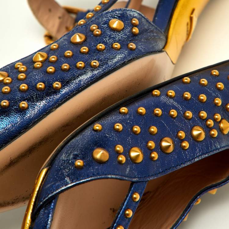 Pre Owned Gucci Metallic Blue Leather Unia Studded Pointed Toe Pumps Size 38