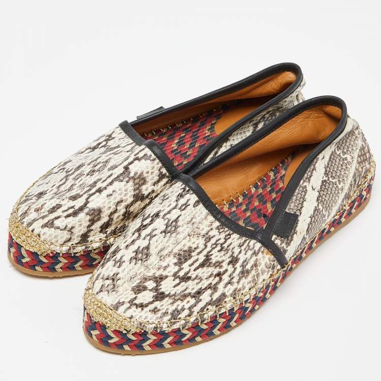 Pre Owned Gucci Beige/Black Leather and Watersnake Leather Slip On Espradrille Flats Size 36