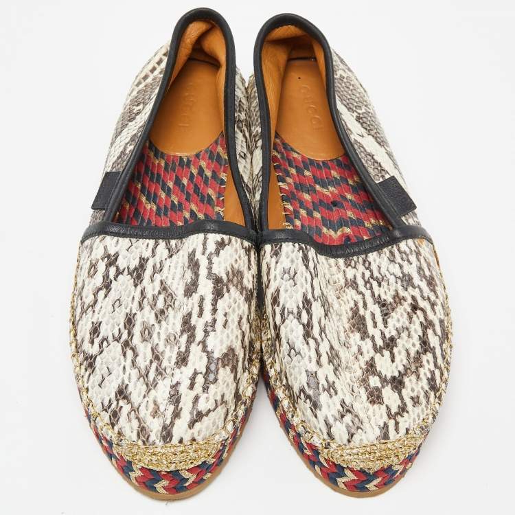 Pre Owned Gucci Beige/Black Leather and Watersnake Leather Slip On Espradrille Flats Size 36