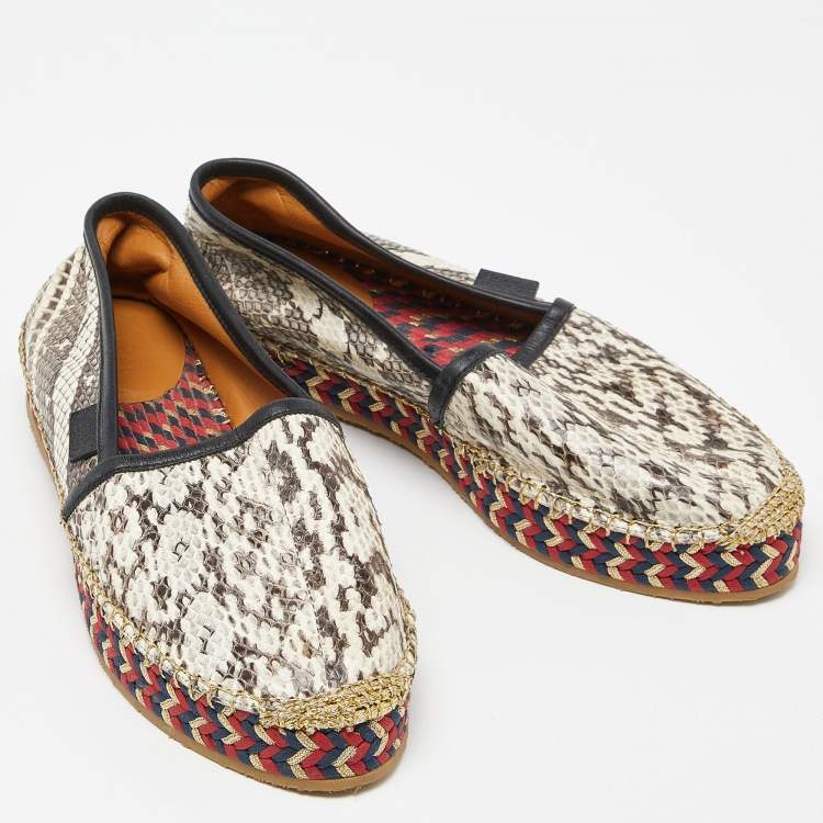 Pre Owned Gucci Beige/Black Leather and Watersnake Leather Slip On Espradrille Flats Size 36