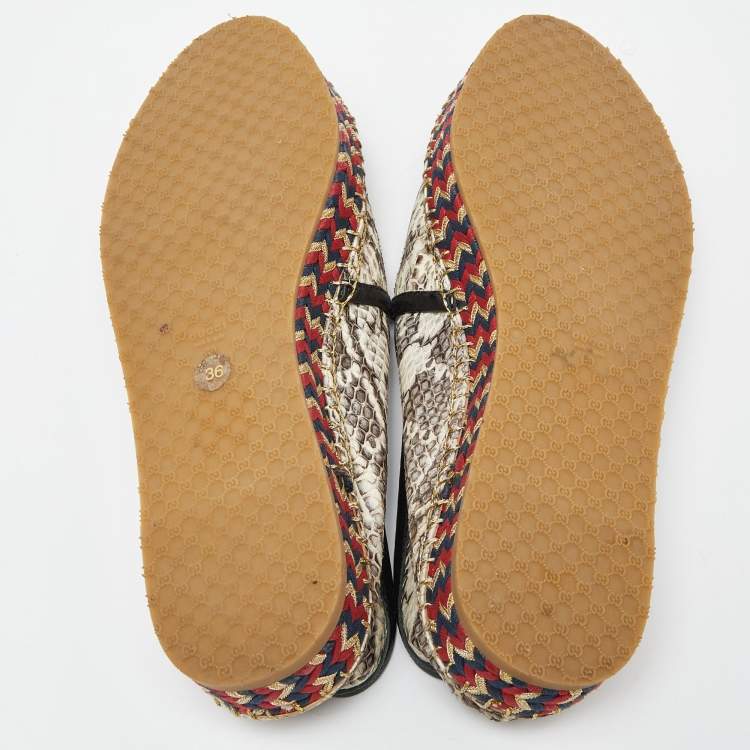 Pre Owned Gucci Beige/Black Leather and Watersnake Leather Slip On Espradrille Flats Size 36