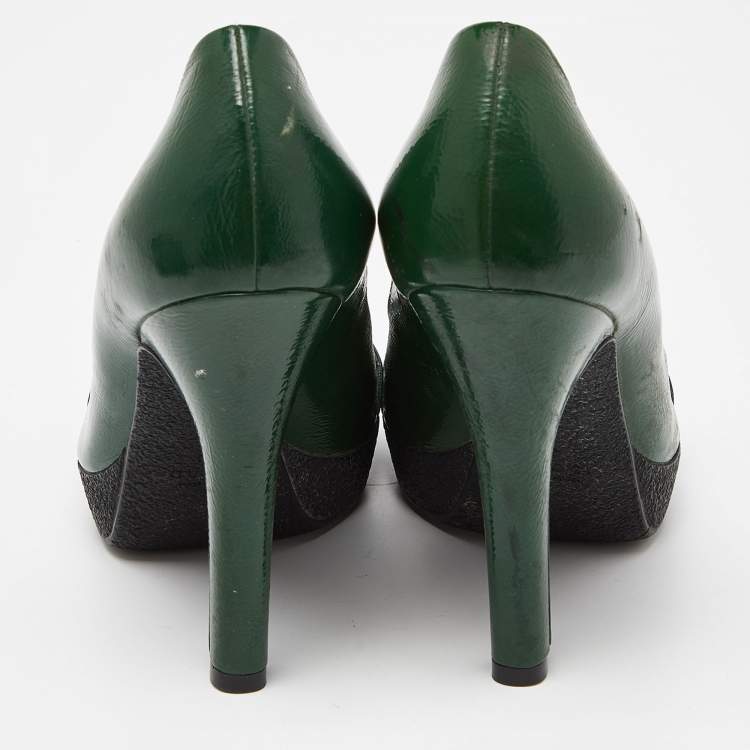Pre Owned Gucci Green Patent Leather Horsebit Peep Toe Pumps Size 36