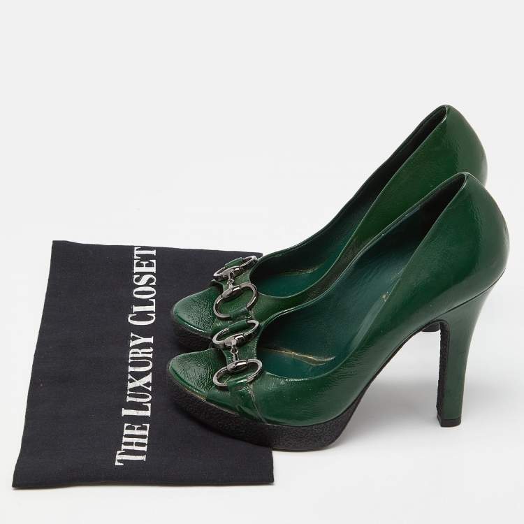 Pre Owned Gucci Green Patent Leather Horsebit Peep Toe Pumps Size 36