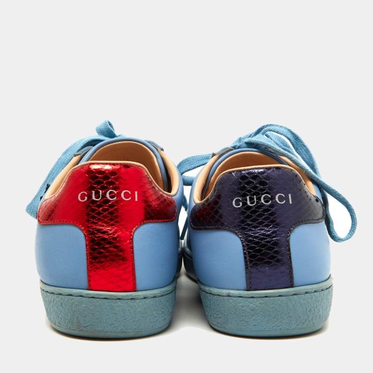 Pre Owned Gucci Blue Leather Flower Sequins Embellished Ace Low Top Sneakers Size 36