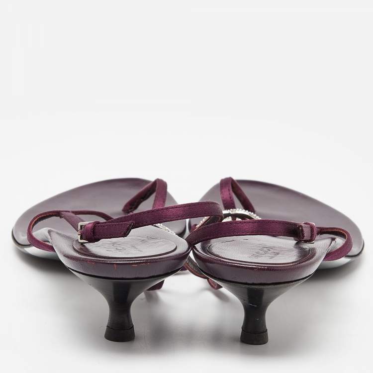 Pre Owned Gucci Purple Satin Crystal Embellished Interlocking G Thong Sandals Size 41.5