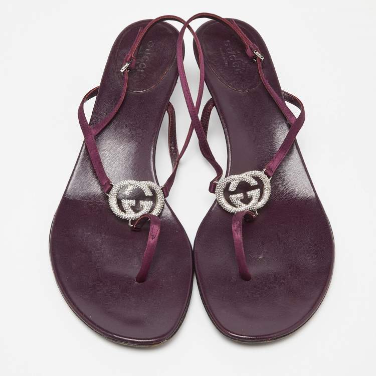 Pre Owned Gucci Purple Satin Crystal Embellished Interlocking G Thong Sandals Size 41.5