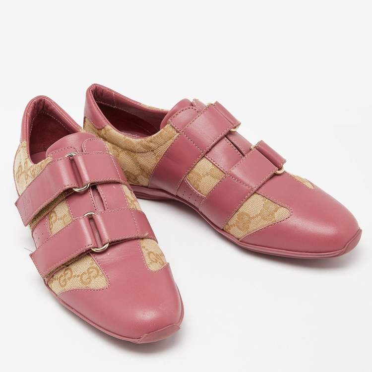 Pre Owned Gucci Beige/Pink GG Canvas and Leather Low Top Sneakers Size 35
