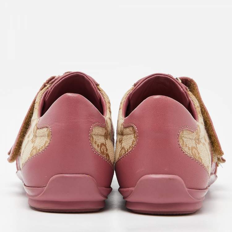 Pre Owned Gucci Beige/Pink GG Canvas and Leather Low Top Sneakers Size 35
