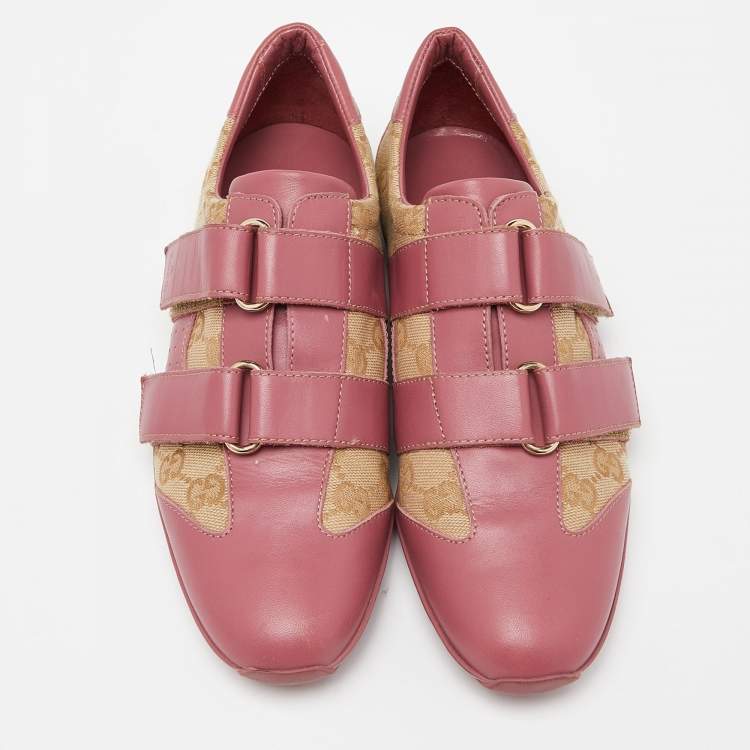 Pre Owned Gucci Beige/Pink GG Canvas and Leather Low Top Sneakers Size 35