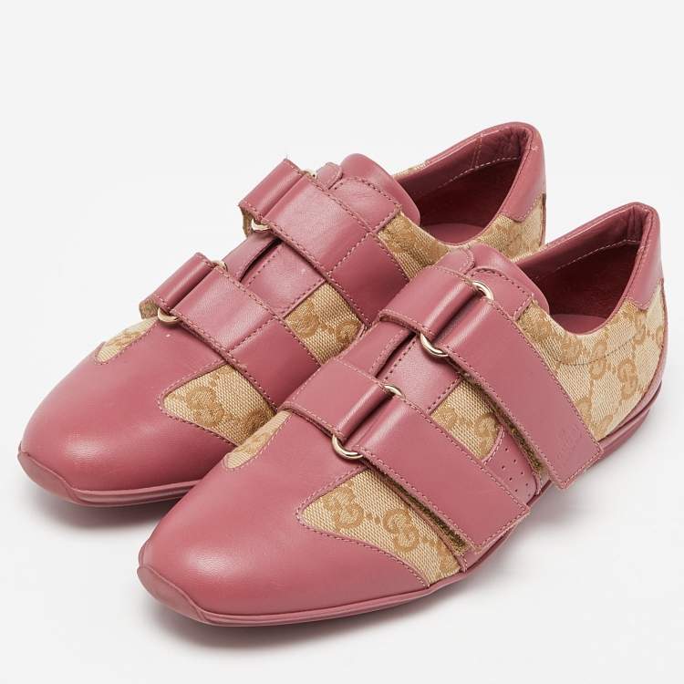 Pre Owned Gucci Beige/Pink GG Canvas and Leather Low Top Sneakers Size 35