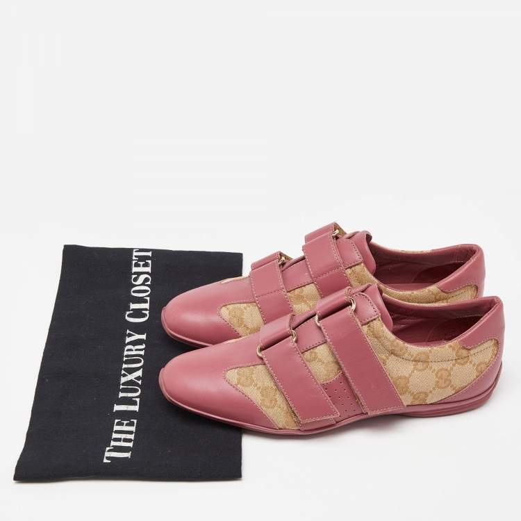Pre Owned Gucci Beige/Pink GG Canvas and Leather Low Top Sneakers Size 35