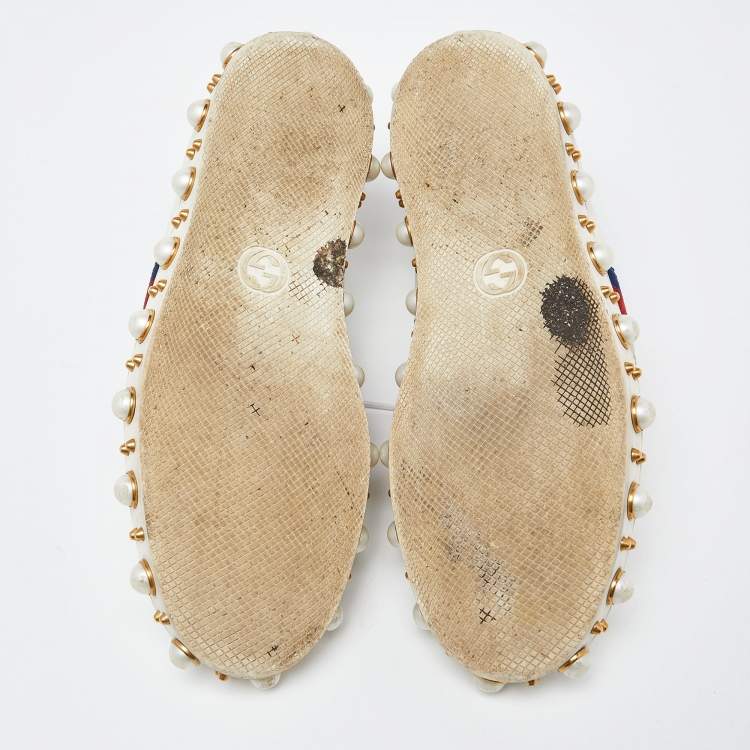 Pre Owned Gucci White Leather Web Detail New Ace Faux Pearl Embellished Low Top Sneakers Size 39