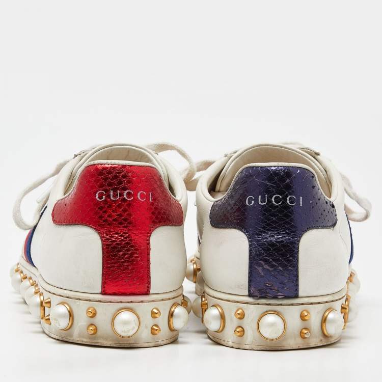 Pre Owned Gucci White Leather Web Detail New Ace Faux Pearl Embellished Low Top Sneakers Size 39