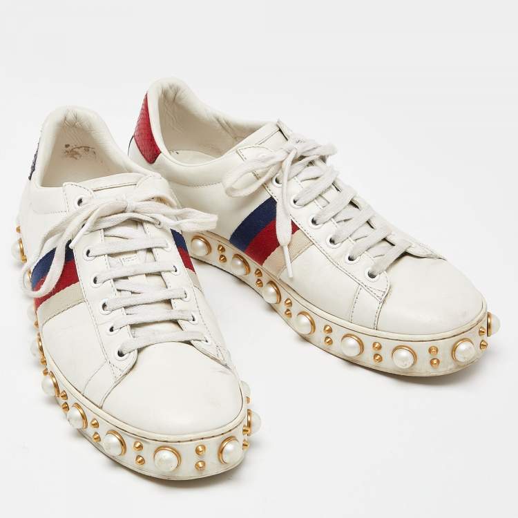 Pre Owned Gucci White Leather Web Detail New Ace Faux Pearl Embellished Low Top Sneakers Size 39