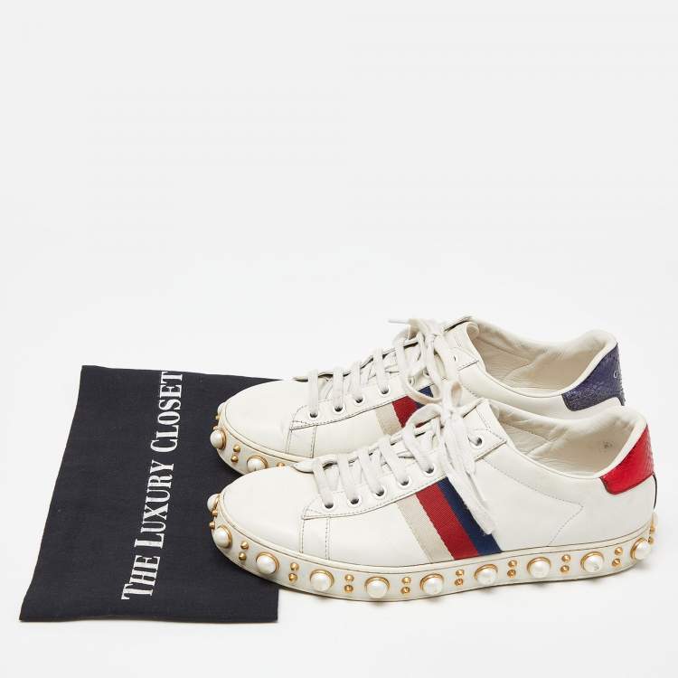 Pre Owned Gucci White Leather Web Detail New Ace Faux Pearl Embellished Low Top Sneakers Size 39