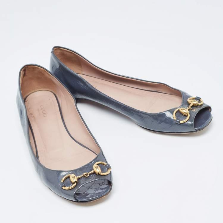 مملوكة مسبقًا Gucci Grey Patent Microguccissima Horsebit Ballet Flats Size 39.5