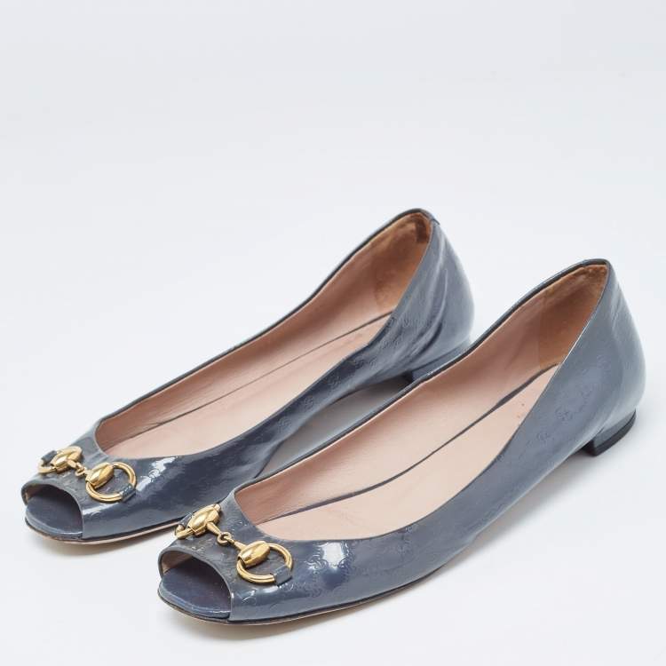 مملوكة مسبقًا Gucci Grey Patent Microguccissima Horsebit Ballet Flats Size 39.5