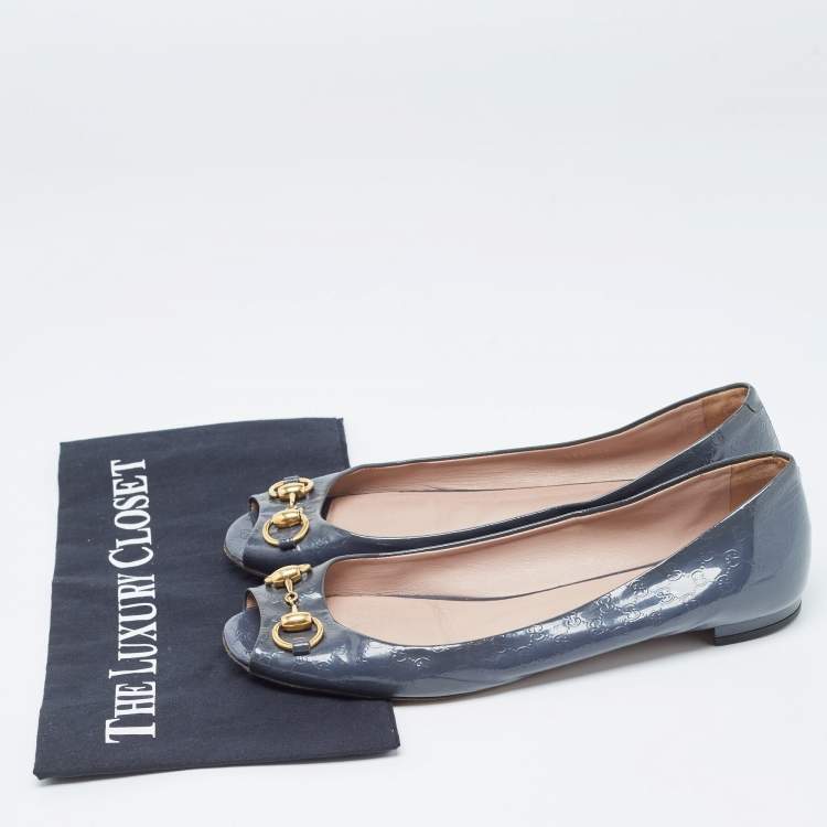 مملوكة مسبقًا Gucci Grey Patent Microguccissima Horsebit Ballet Flats Size 39.5