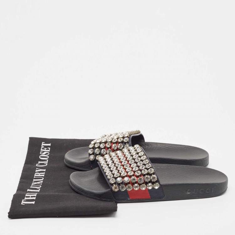 Pre Owned Gucci Navy Blue/Red Web Leather Crystal Embellished Slides Size 35