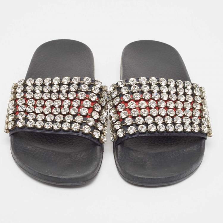 Pre Owned Gucci Navy Blue/Red Web Leather Crystal Embellished Slides Size 35