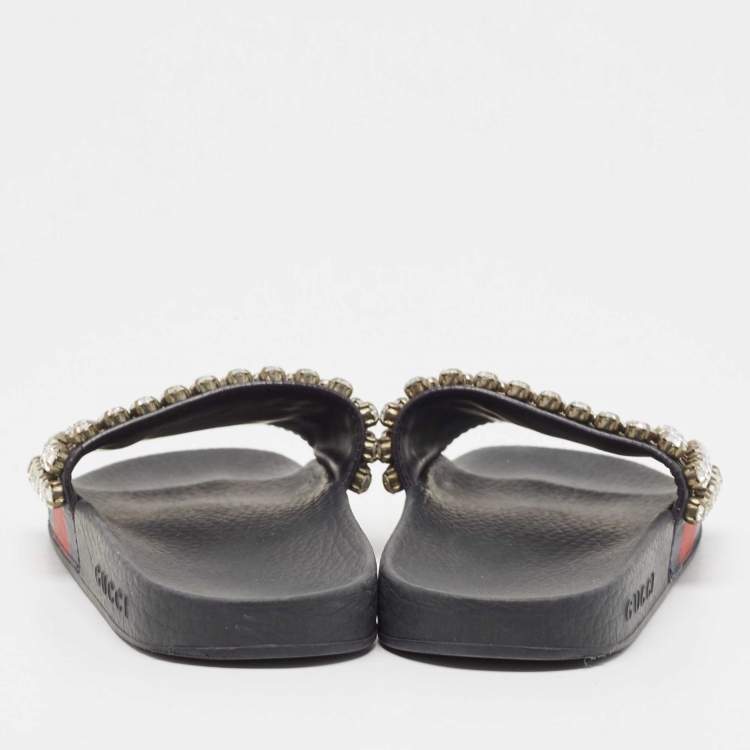 Pre Owned Gucci Navy Blue/Red Web Leather Crystal Embellished Slides Size 35