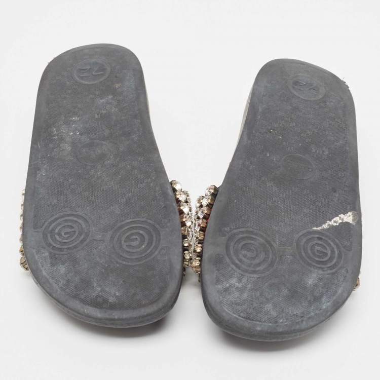 Pre Owned Gucci Navy Blue/Red Web Leather Crystal Embellished Slides Size 35